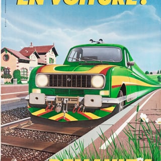 Werbeplakat mit Renault 4 als Zug auf Gleisen.