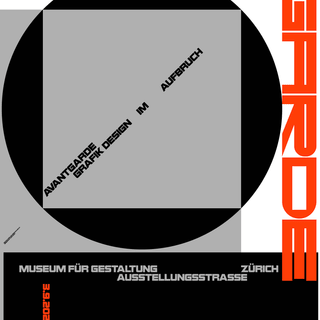 Grafikdesign-Plakat mit rotem Text und geometrischen Formen.