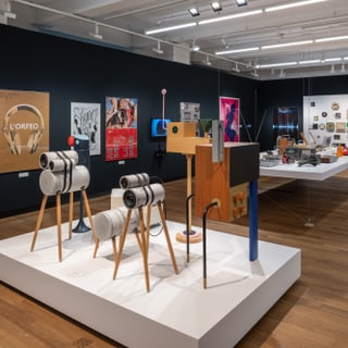 Innenraum eines modernen Kunstausstellungsraums mit verschiedenen Exponaten und Kunstinstallationen.