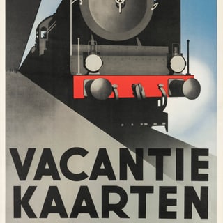 Plakat mit Zug und Urlaubskartenpreise auf Niederländisch.