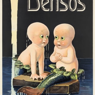 Zwei Comic-Babys mit Fischschwänzen auf Wasser, Densos-Werbung.