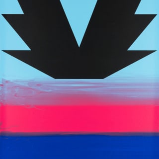 Poster mit schwarzem Pfeil, blauen und pinken Streifen, Text zu Kunst-Event in Zürich.