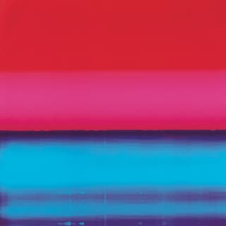 Abstraktes Gemälde mit roten, pinken und blauen Streifen.