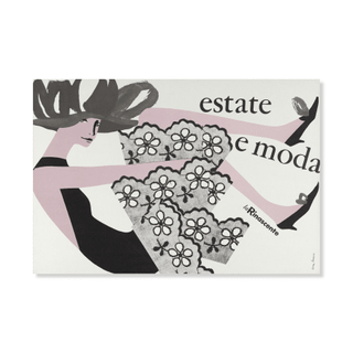 Illustration von Frau in Spitzenkleid mit Text 'estate e moda'.