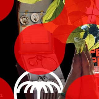 Red circles and leaves over vintage devices with hands in foreground.