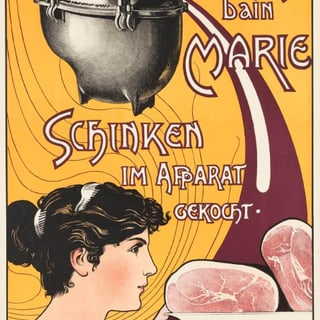 Werbeplakat für Bain-Marie System mit Schinken und Frau.