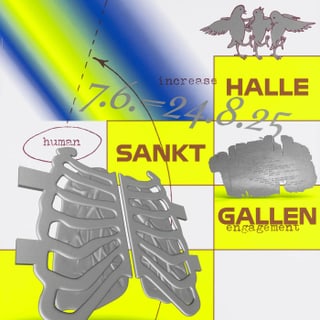 Plakat mit grafischen Elementen und Texten in Gelb und Blau, inklusive dateien und Namen.