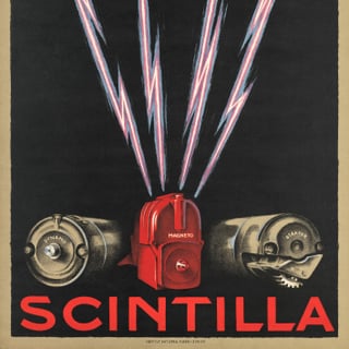 Werbeplakat für Scintilla mit Blitzdesign und Geräten.