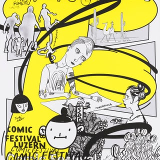 Poster für das Comic Festival Fumetto Luzern 2023, gelber und schwarzer Grafikstil.