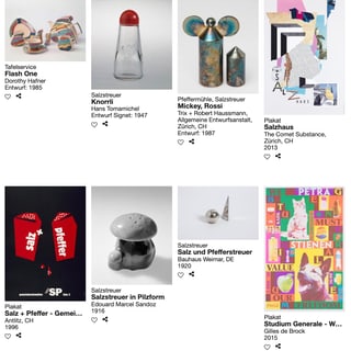 Collage von Designdrucken, Gewürzstreuern und Plakaten verschiedener Künstler.