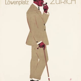 Werbeplakat für Globus Zürich mit elegant gekleidetem Mann mit Stock.