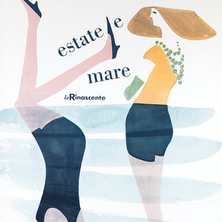 Illustration von zwei stilisierten Frauen am Strand, la Rinascente-Text.