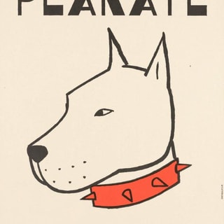Illustration eines Hundes mit rotem Halsband, Titel 'Plakate'.