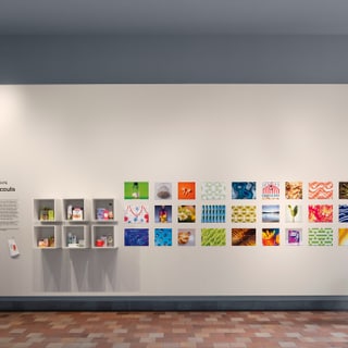 Ausstellungswand mit bunten Kunstwerken im Vestibül des Museum für Gestaltung Zürich.