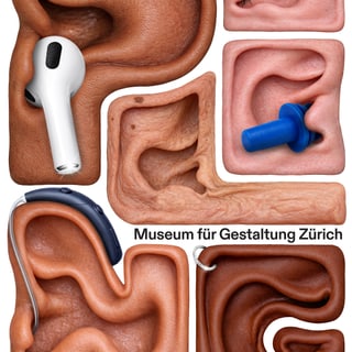 Verschiedene Ohren mit Hörgeräten und Earbuds, Plakat für Design-Ausstellung.