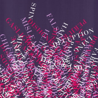 Überlagerte Wörter wie ‚Lügen‘ und ‚Täuschung‘ auf dunklem Hintergrund.