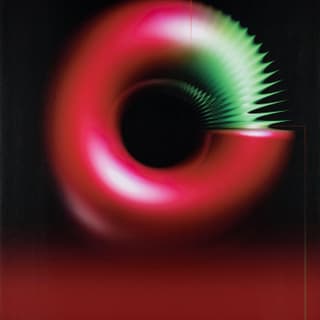 Abstrakte Kunst mit rot-grünem Wirbel auf schwarzem Hintergrund.