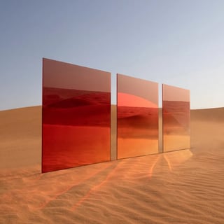 Drei rote Spiegel in der Wüste reflektieren Sanddünen.