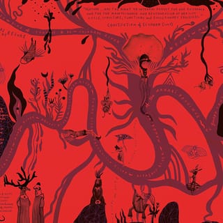 Abstrakte, organische Kunst mit Rot- und Schwarztönen.