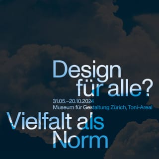 Poster mit Text zu Design-Ausstellung, Wolken im Hintergrund.