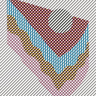 Geometrisches Muster mit diagonalen Linien und farbigem Quadratmotiv.