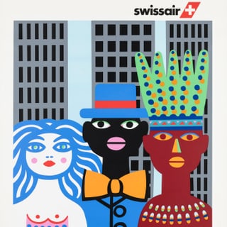 Grafisches Plakat mit drei stilisierten Figuren vor Hochhäusern, Swissair-Logo oben