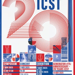 Grafisches Poster mit roten und blauen Linien, Text und Bildern.