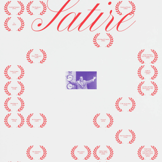 Filmplakat mit rotem Text 'Alles nur Satire', Lorbeerkränze, kleines Foto und Datum Februar 2025.