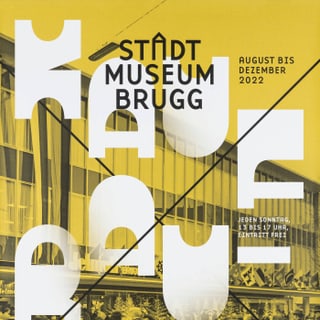 Plakat für Stadtmuseum Brugg Ausstellung 2022, Grafik überlagert Foto von Menschenmenge.