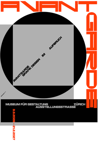 Grafikdesign-Plakat mit rotem Text und geometrischen Formen.