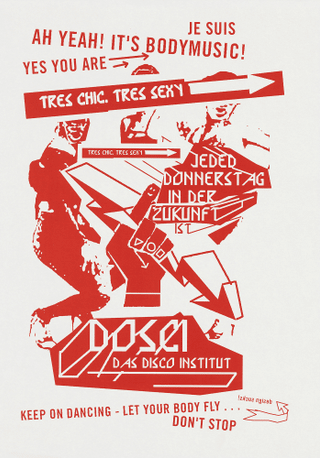 Retro-Disco-Plakat mit rotem Text und Grafiken.