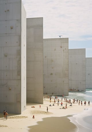 Menschen am Strand neben hohen Betonmauern.",