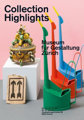 Poster mit farbigen Objekten und Text 'Museum für Gestaltung Zürich'.