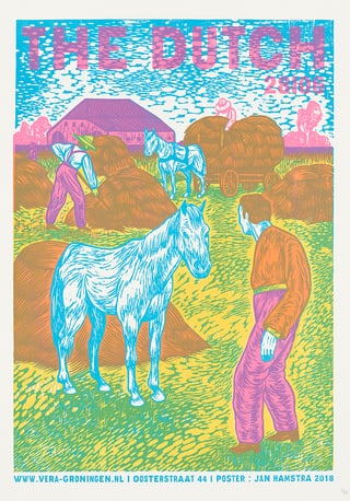 Illustration von Menschen und Pferden auf einem Feld.