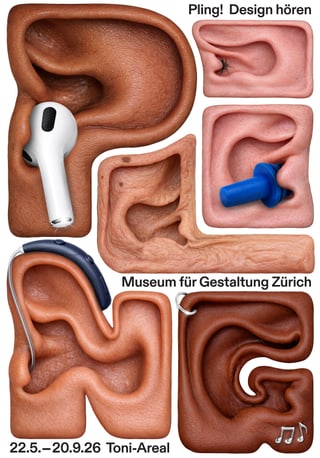 Verschiedene Ohren mit Hörgeräten und Earbuds, Plakat für Design-Ausstellung.