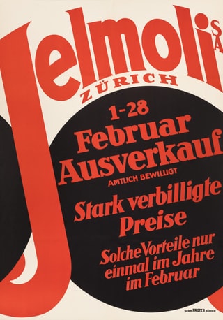 Werbeposter für Jelmoli Februar-Ausverkauf in Zürich.