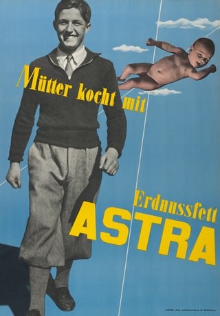 Werbung für Astra Erdnussfett mit Mann und Baby.