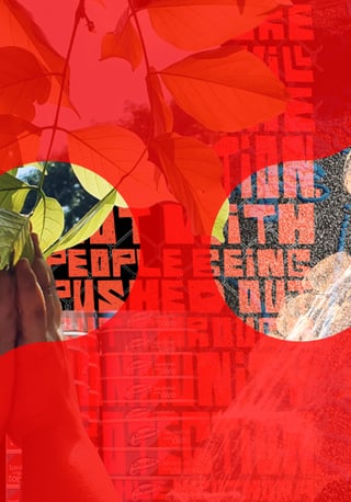 Abstraktes rotes Design mit Blättern und Text.