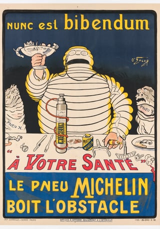 Plakat mit Michelin-Maskottchen, das Reifen als Getränk geniesst.