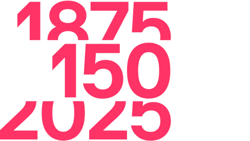 Rote Zahlen 1875, 150, 2025 auf schwarzem Hintergrund.