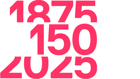 Rote Zahlen 1875 150 2025 auf weissem Hintergrund.