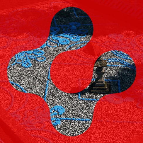 Abstrakte Grafik mit rotem Hintergrund und geschwungener Form in der Mitte.