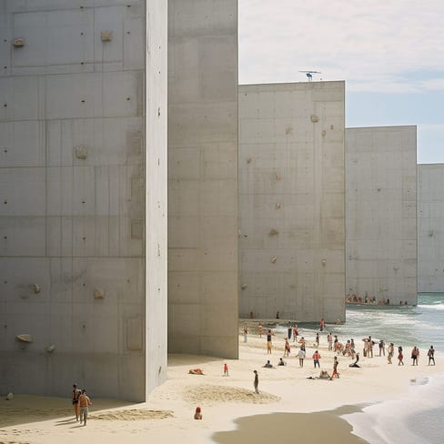 Menschen am Strand neben hohen Betonmauern.",