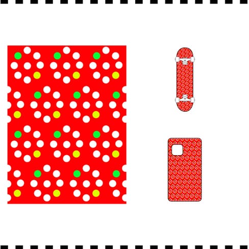 Produkte mit rotem Punktmuster-Design, inkl. Poster, Shirt, Tasche, Handyhülle, Skateboard.