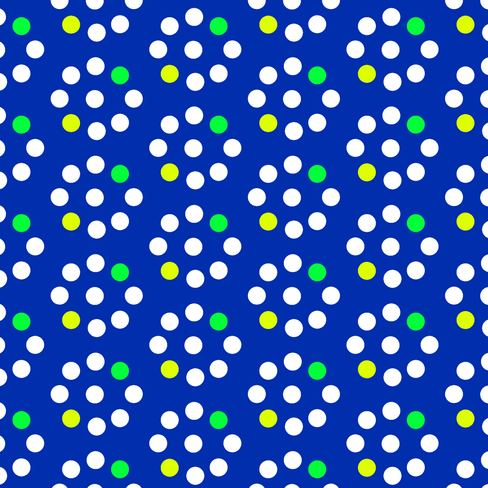Blaues Muster mit weissen, grünen und gelben Punkten.