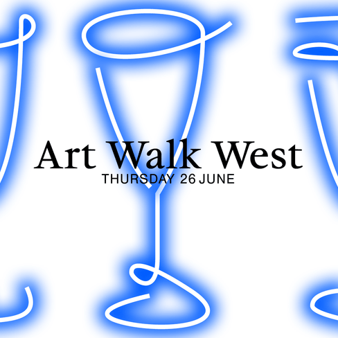 Neon-Skizzen von Gläsern mit Text 'Art Walk West'.