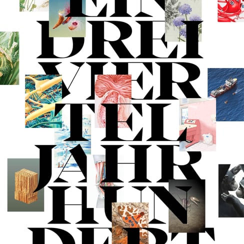 Collage mit grossen Buchstaben und kleinen Bildern, Text