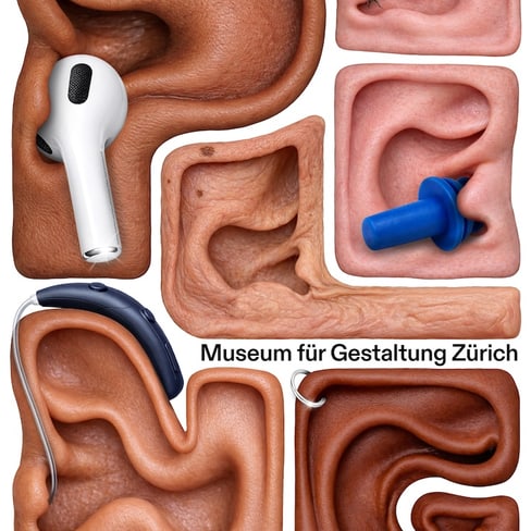 Ohren mit verschiedenen Hörgeräten, Plakat für 'Pling! Design hören'.