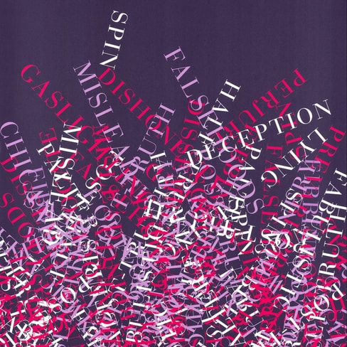 Überlagerte Wörter wie ‚Lügen‘ und ‚Täuschung‘ auf dunklem Hintergrund.