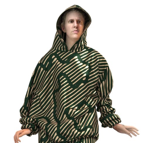 Person in gestreiftem Kapuzenpullover mit Muster.